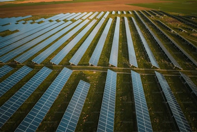 An aerial view of a large solar farm.