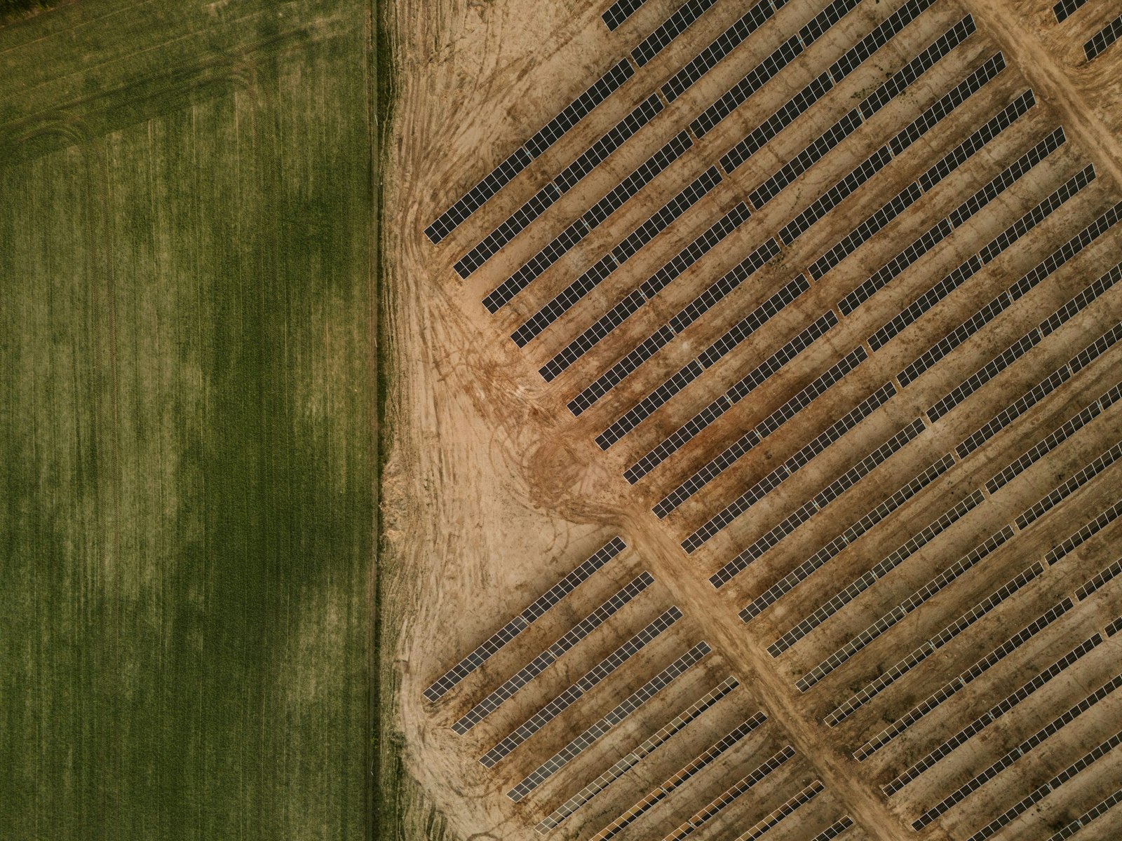 Aerial view shows a solar farm next to farmland.