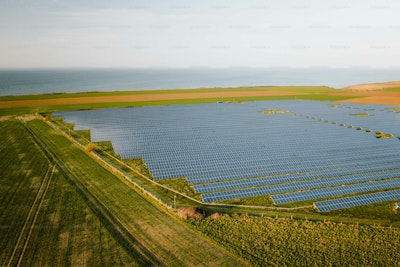 An aerial view of a large solar farm.