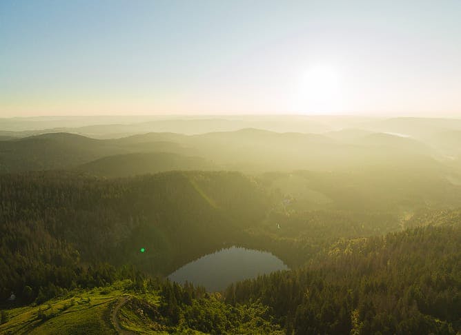 mountain range and lake