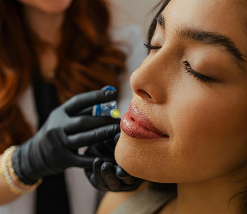 Practitioner in black gloves administering lip filler injection to a woman