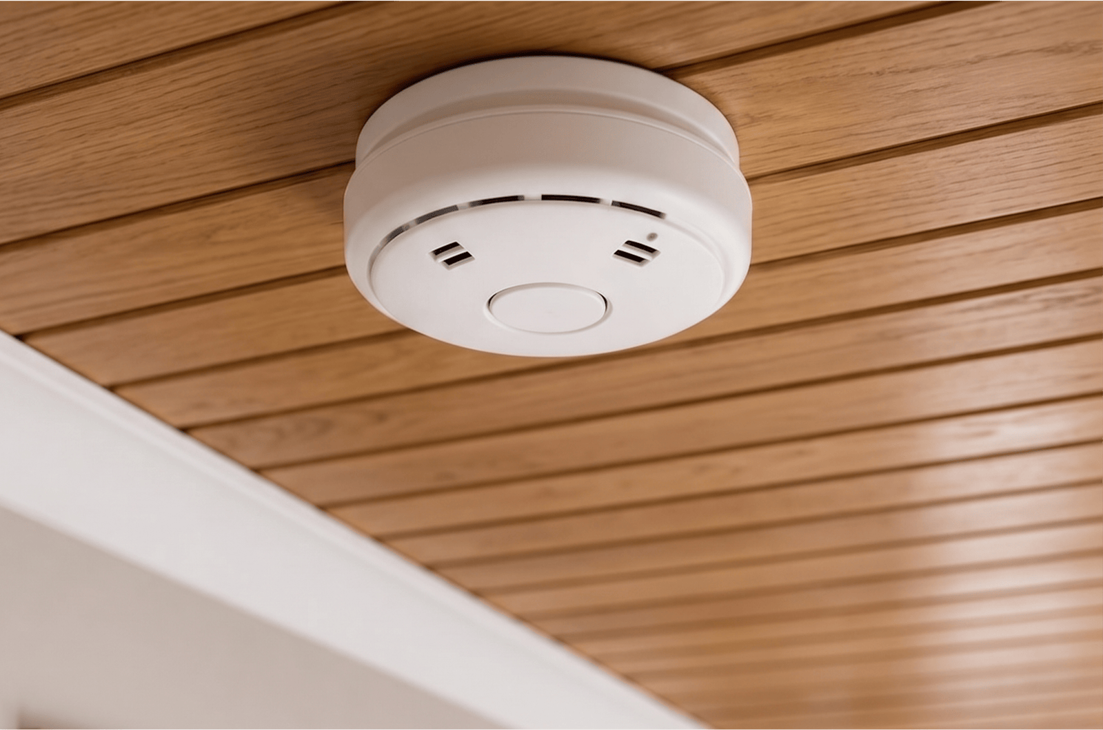 A white smoke alarm on a brown wood ceiling.