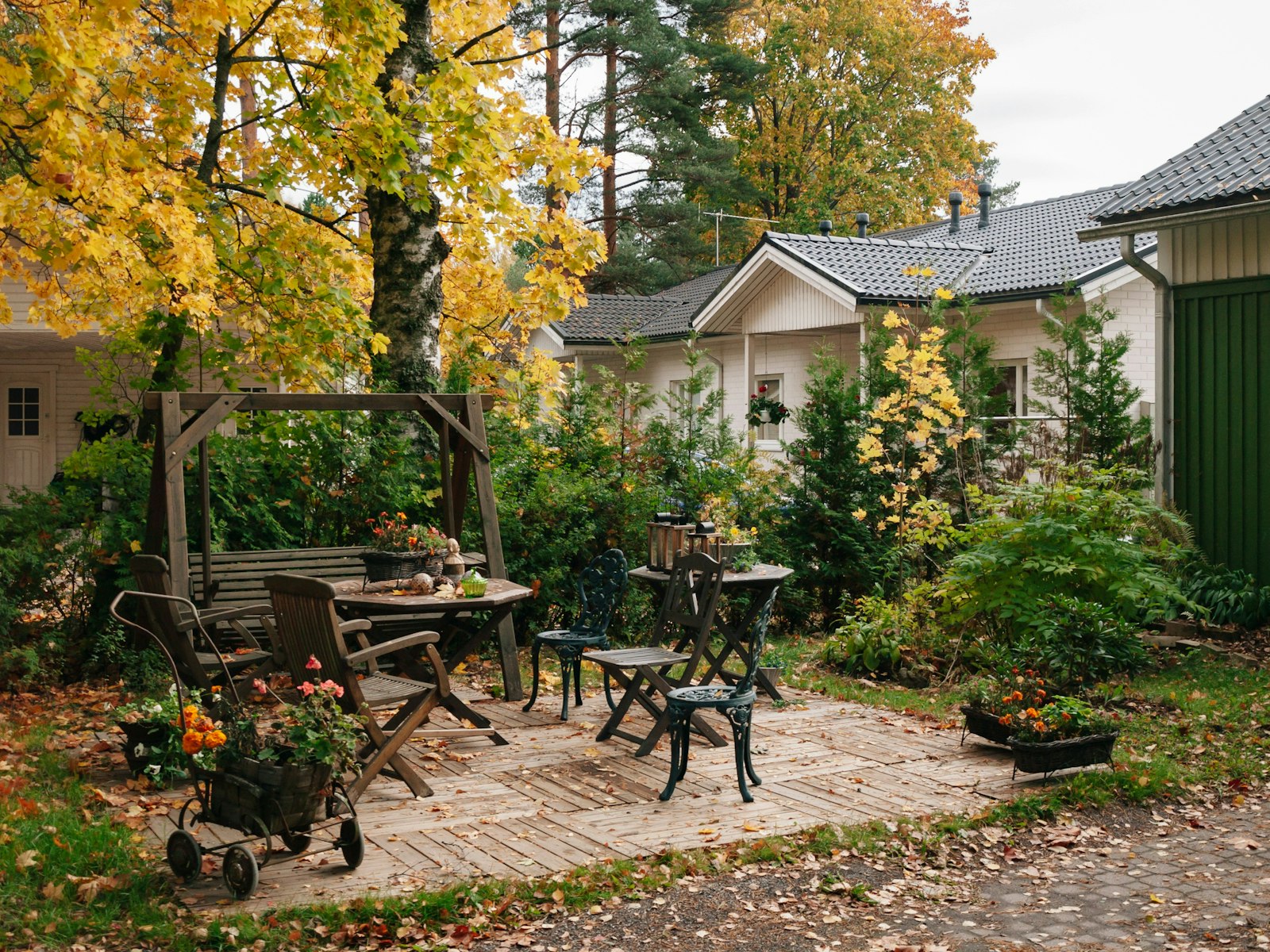 A white house with a grey roof sits behind a yard with a tree with yellowing autumn leaves.