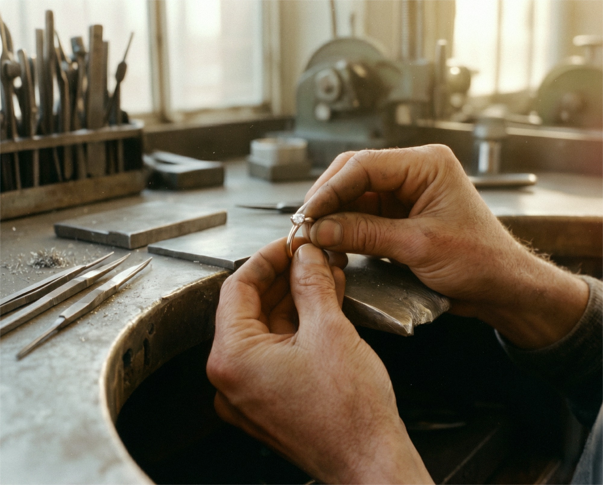 A craftsman's hands setting a stone into a ring at a jeweller's workbench