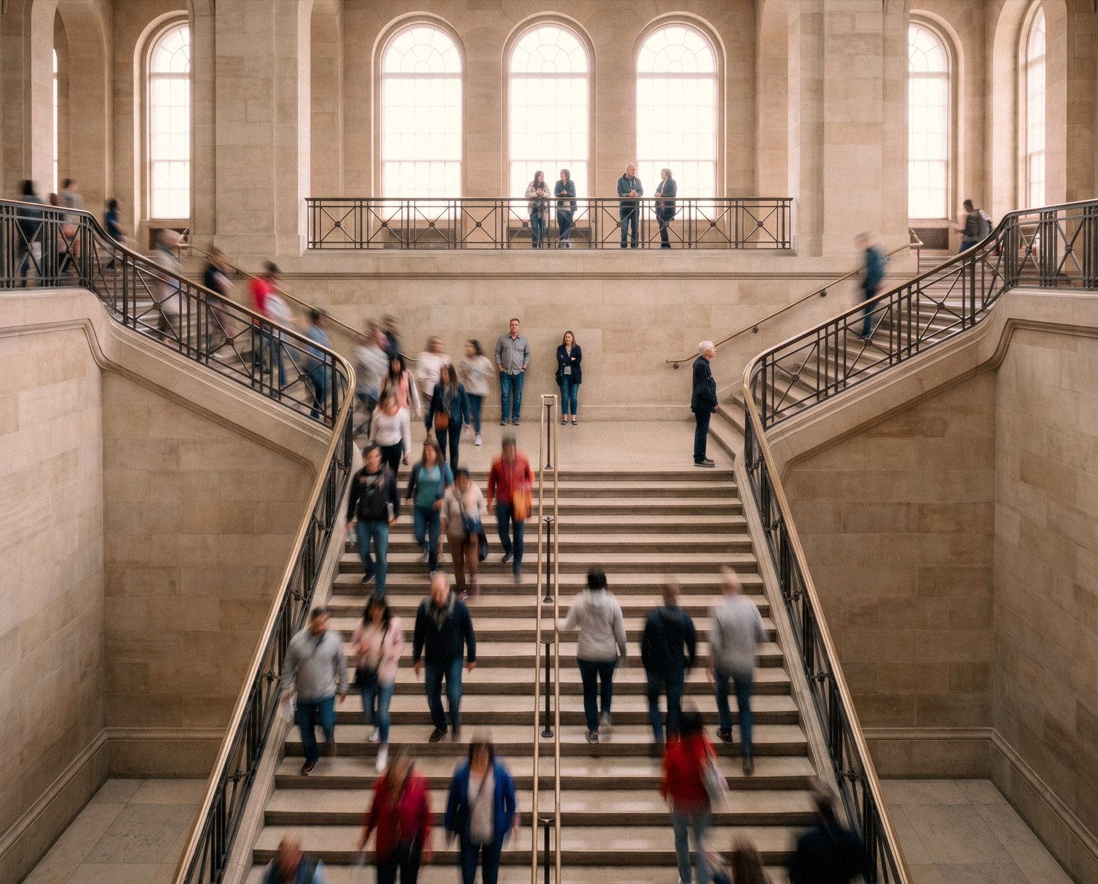 People moving through a monumental staircase hall