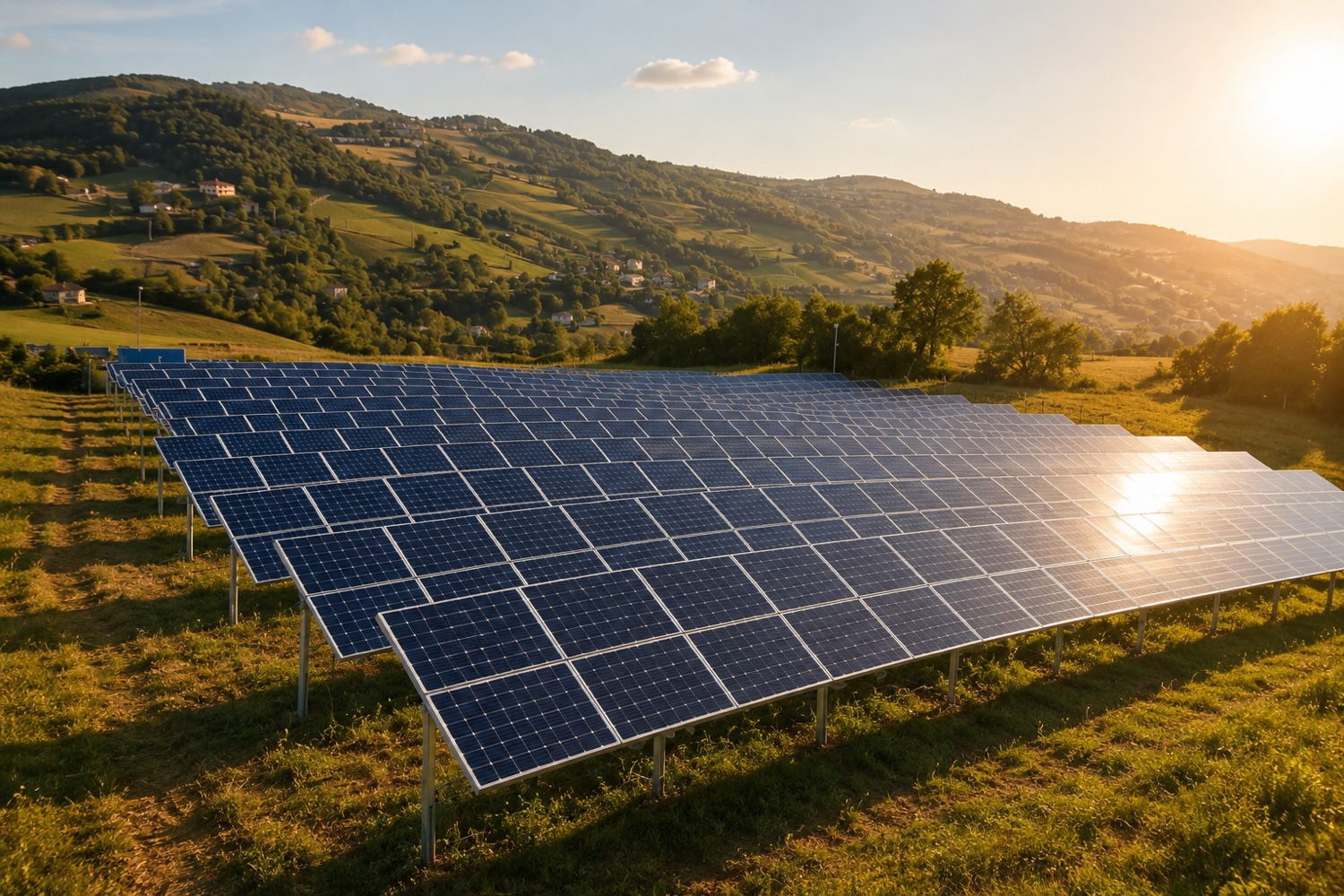 Rows of photovoltaic solar panels under a clear sky