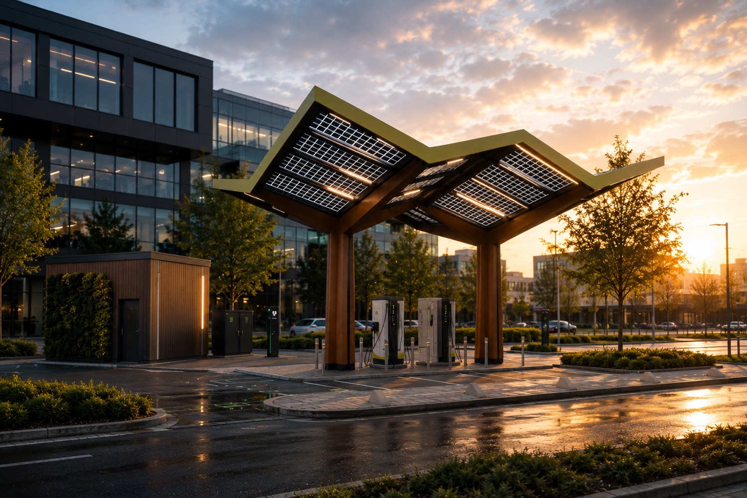 An electric vehicle charging at a fast-charging station