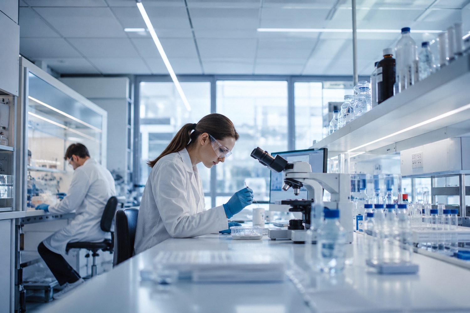 Two lab technicians examining a sample in a pharmaceutical laboratory