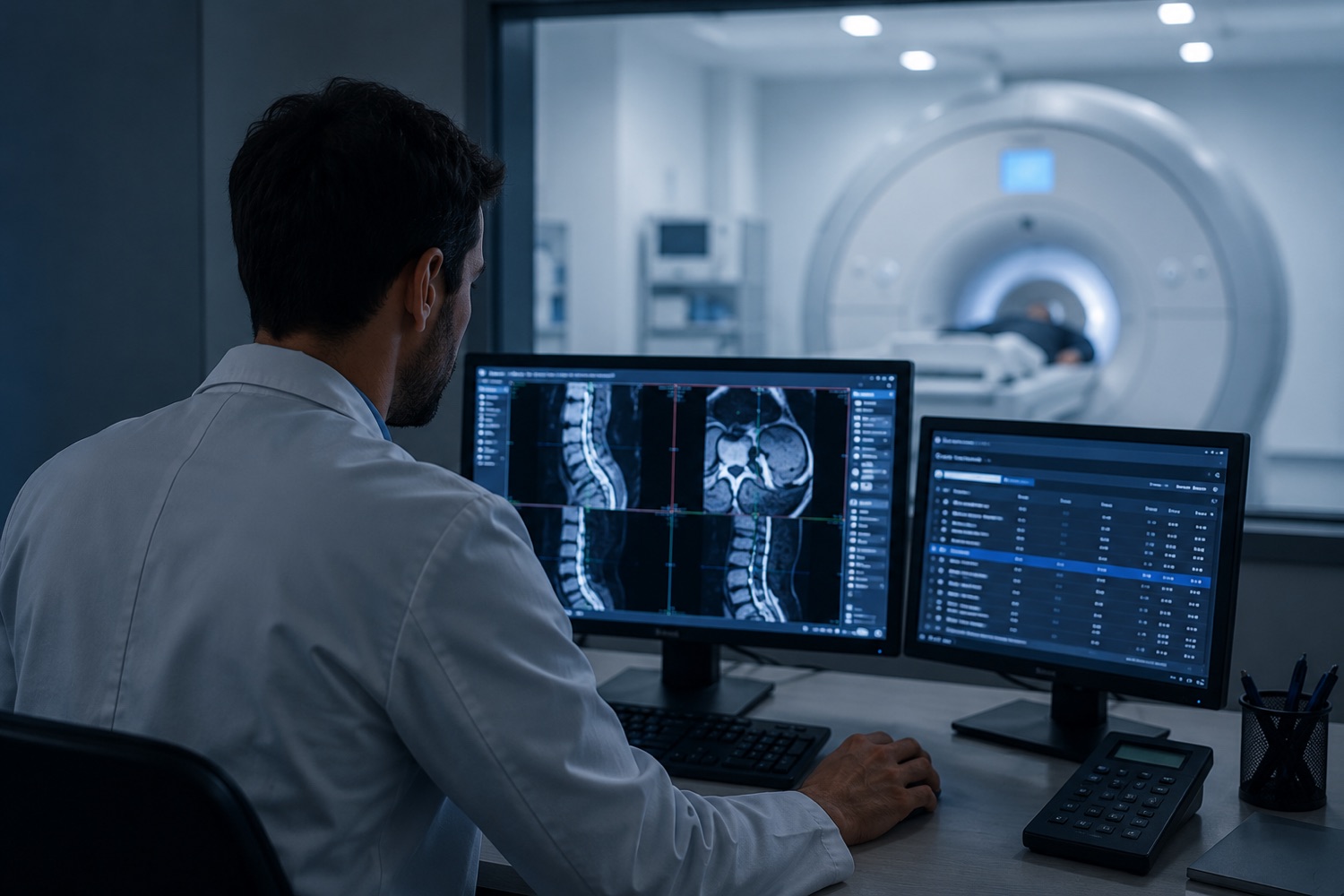 A clinician reviewing nuclear medicine scans beside an MRI scanner