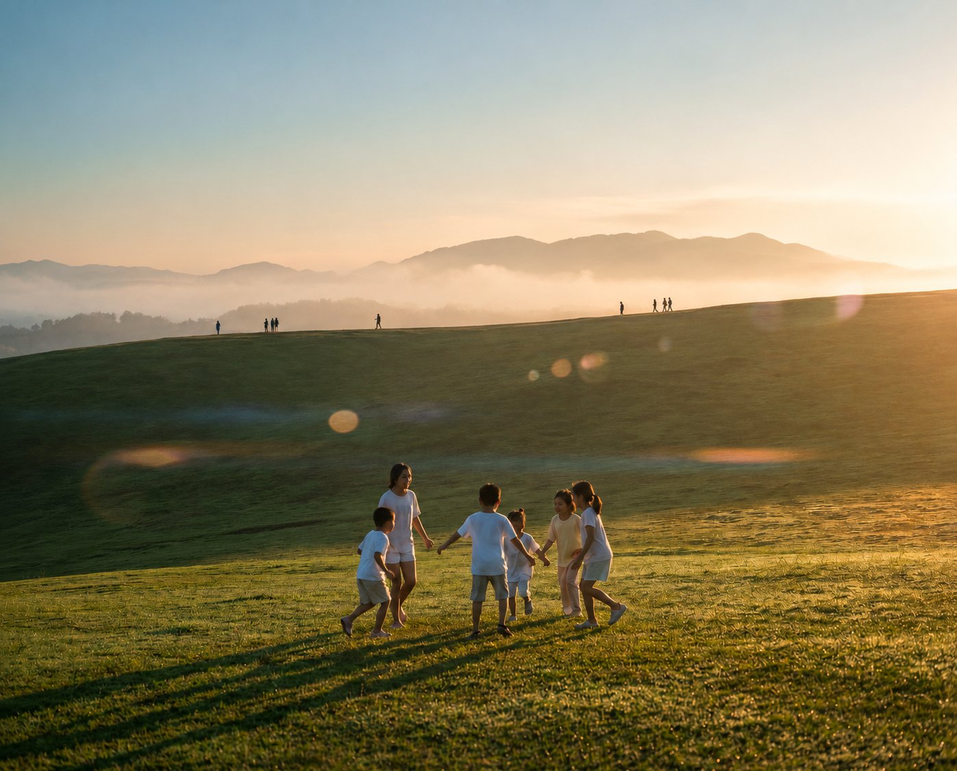 Children playing in a field before wind turbines at sunset