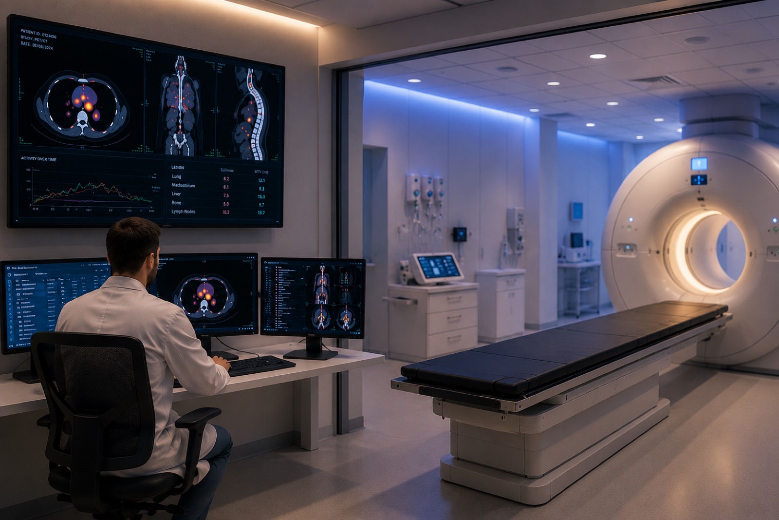 A clinician reviewing nuclear medicine scans beside an MRI scanner