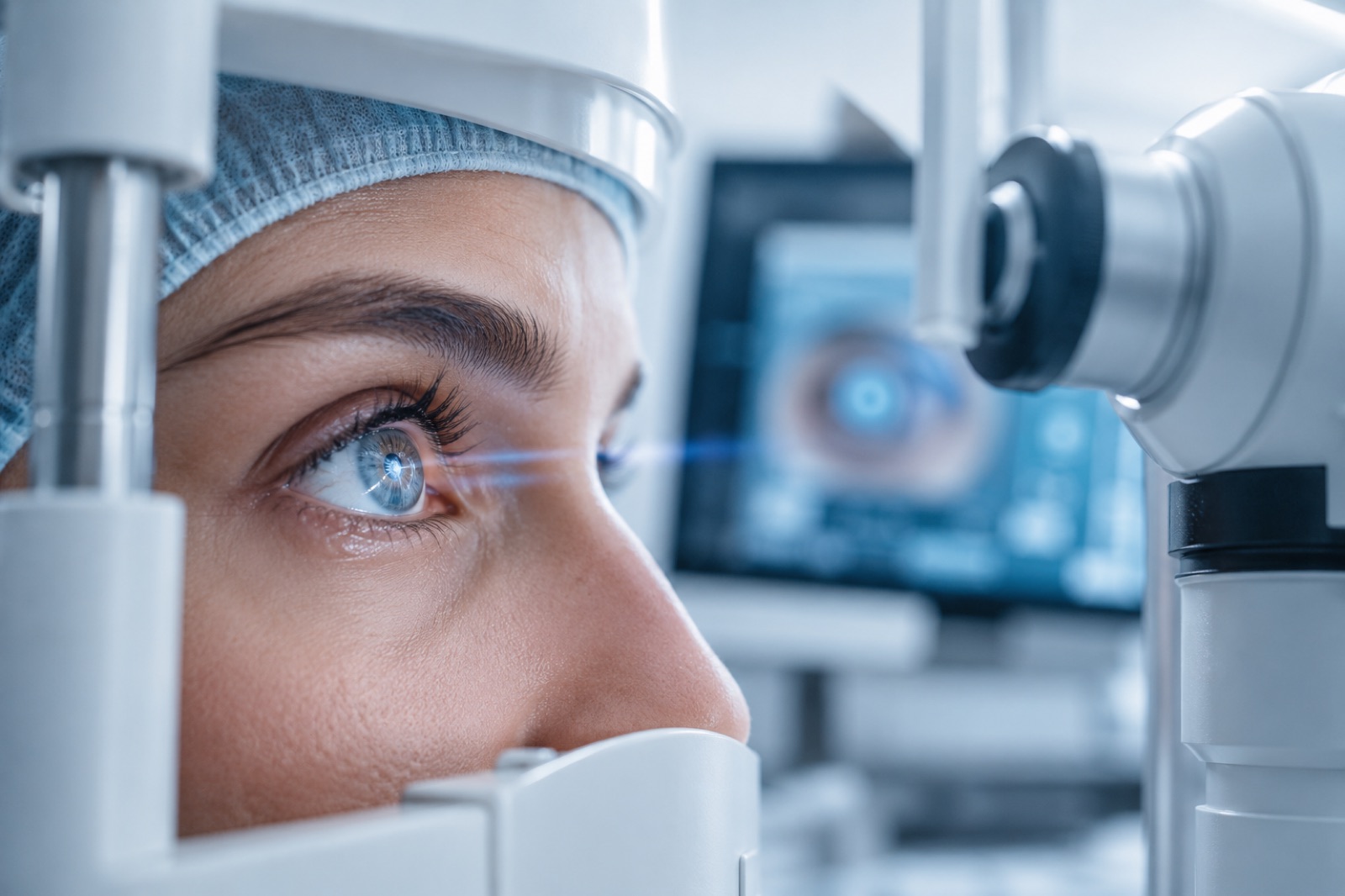 A patient undergoing an ophthalmic eye examination