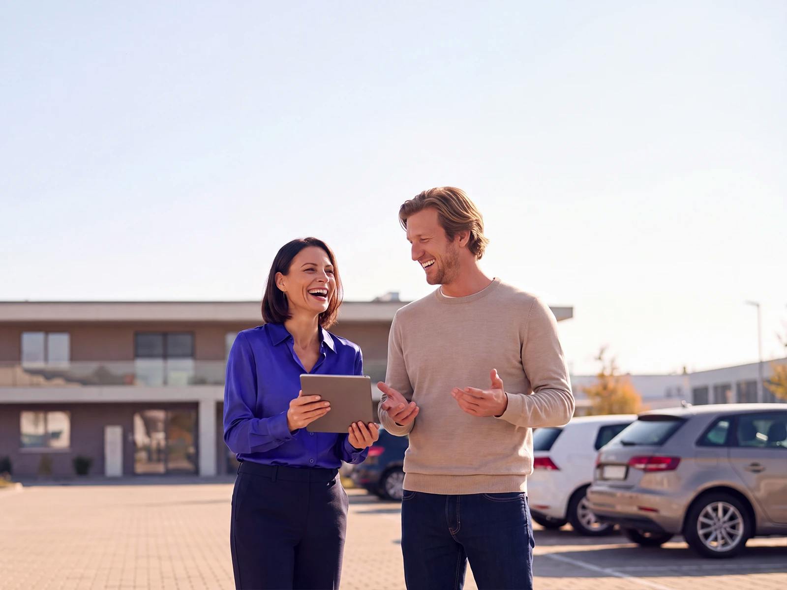 femme et homme avec iPad dans un parking