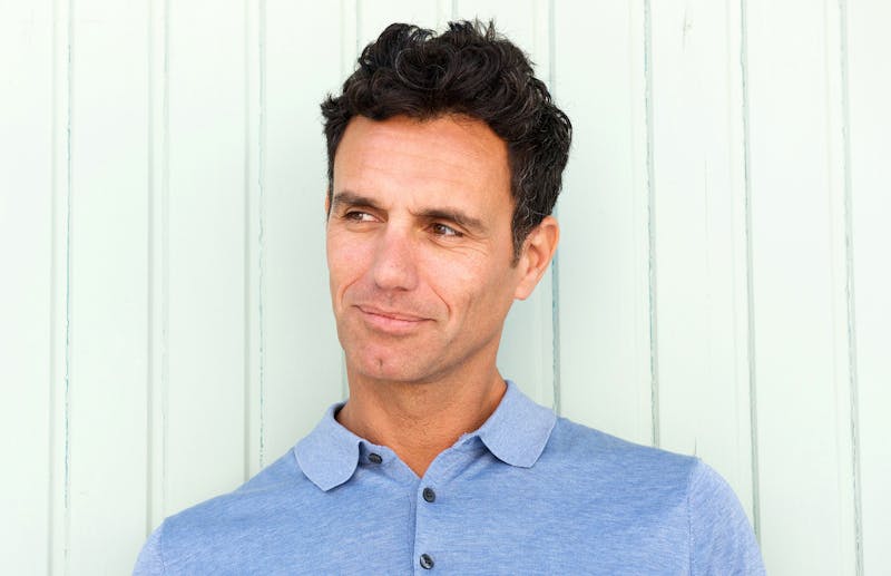 man in a blue shirt