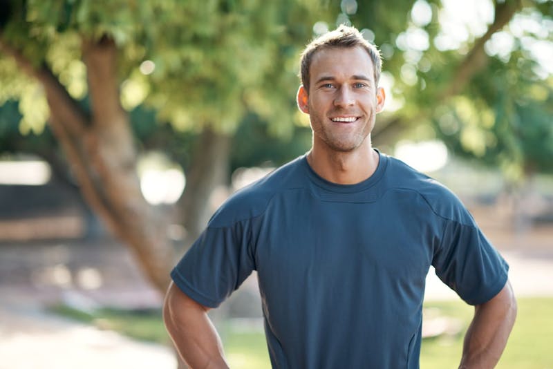 man in a blue shirt
