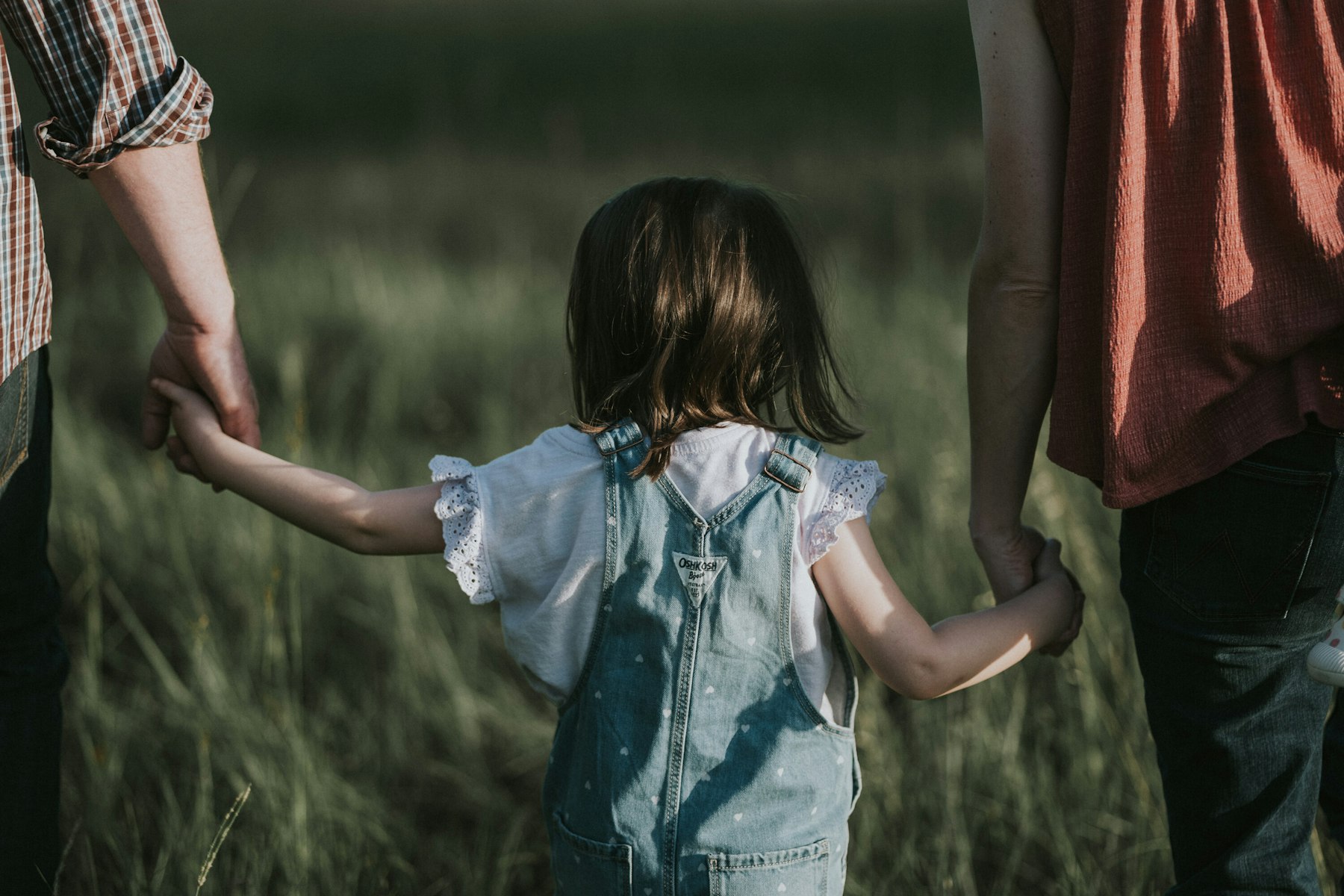 Toddler holding both parents' hands walking through tall grass during a summer family session in a meadow