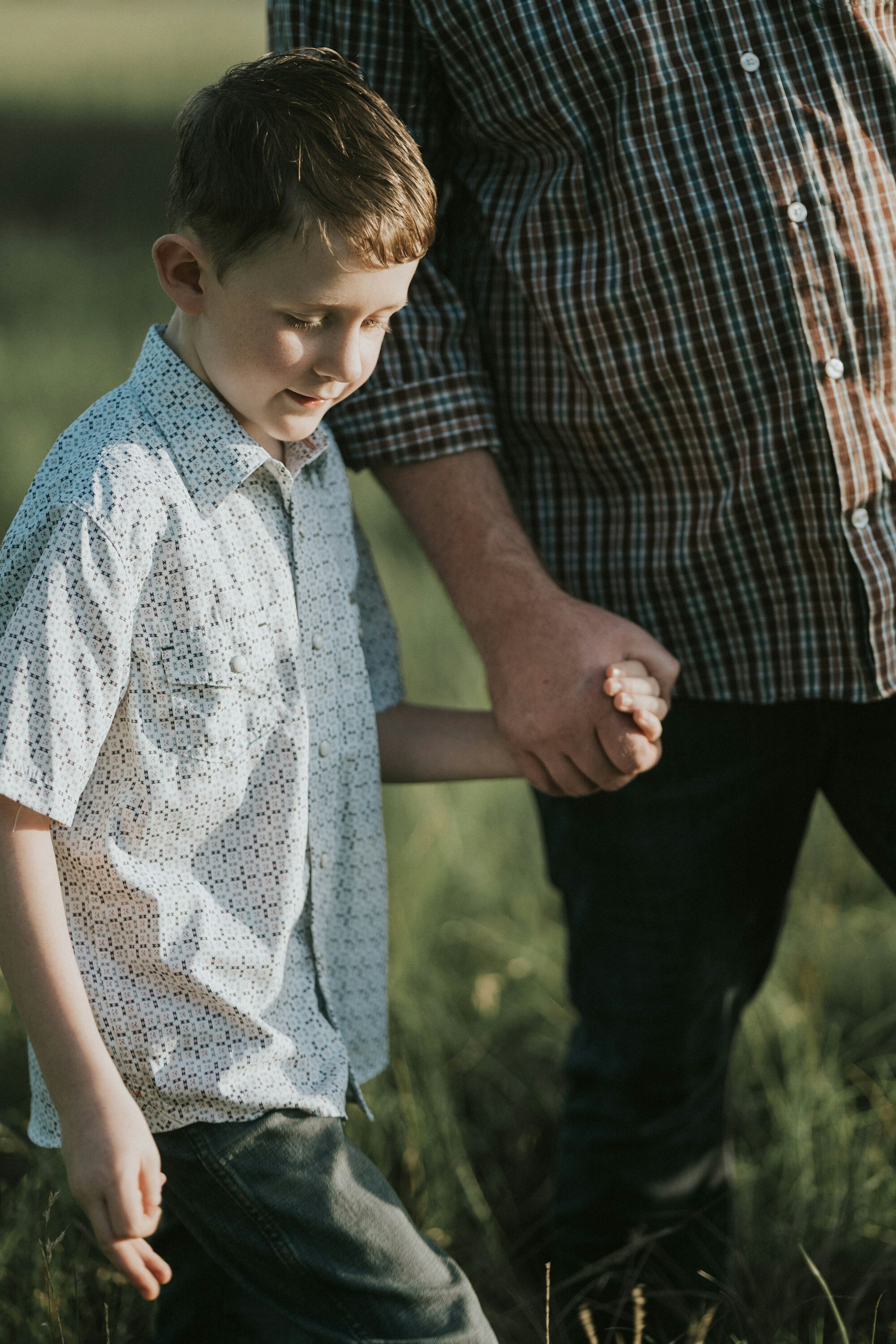 Boy holding his dad's hand, close up during a summer family session in a meadow