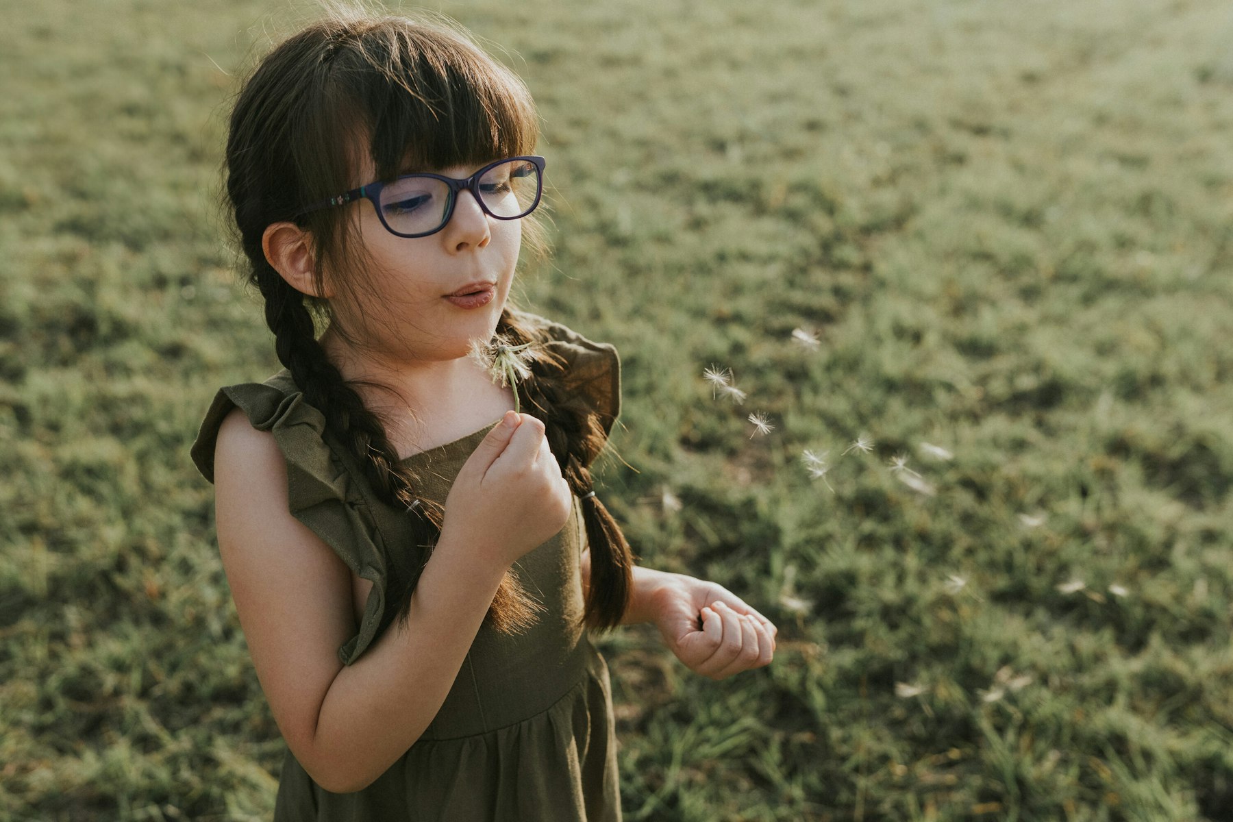 Girl blowing dandelion seeds during a family session
