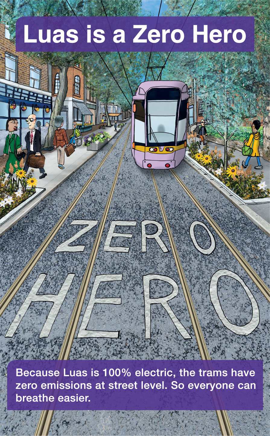 The image illustrates a Luas tram traveling down a tree-lined urban street with people walking on either side. The words "ZERO HERO" are written on the tram tracks in large letters. The text explains that Luas is 100% electric, so the trams produce zero emissions at street level, helping everyone to breathe easier.
