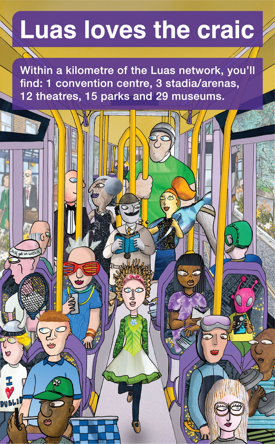 The image shows a vibrant, cartoon-style interior of a Luas tram filled with diverse passengers in colorful attire, some reading or engaged in various activities. The text reads: "Luas loves the craic" and highlights that within a kilometre of the Luas network, there are 1 convention centre, 3 stadia/arenas, 12 theatres, 15 parks, and 29 museums. This emphasizes the cultural and recreational richness accessible via the Luas network.