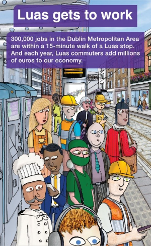 Cartoon illustration of a busy Luas platform filled with workers in different uniforms and outfits, representing a variety of professions. The heading reads “Luas gets to work,” and the caption explains that 300,000 jobs in the Dublin Metropolitan Area are within a 15‑minute walk of a Luas stop, and that each year Luas commuters add millions of euros to the economy.