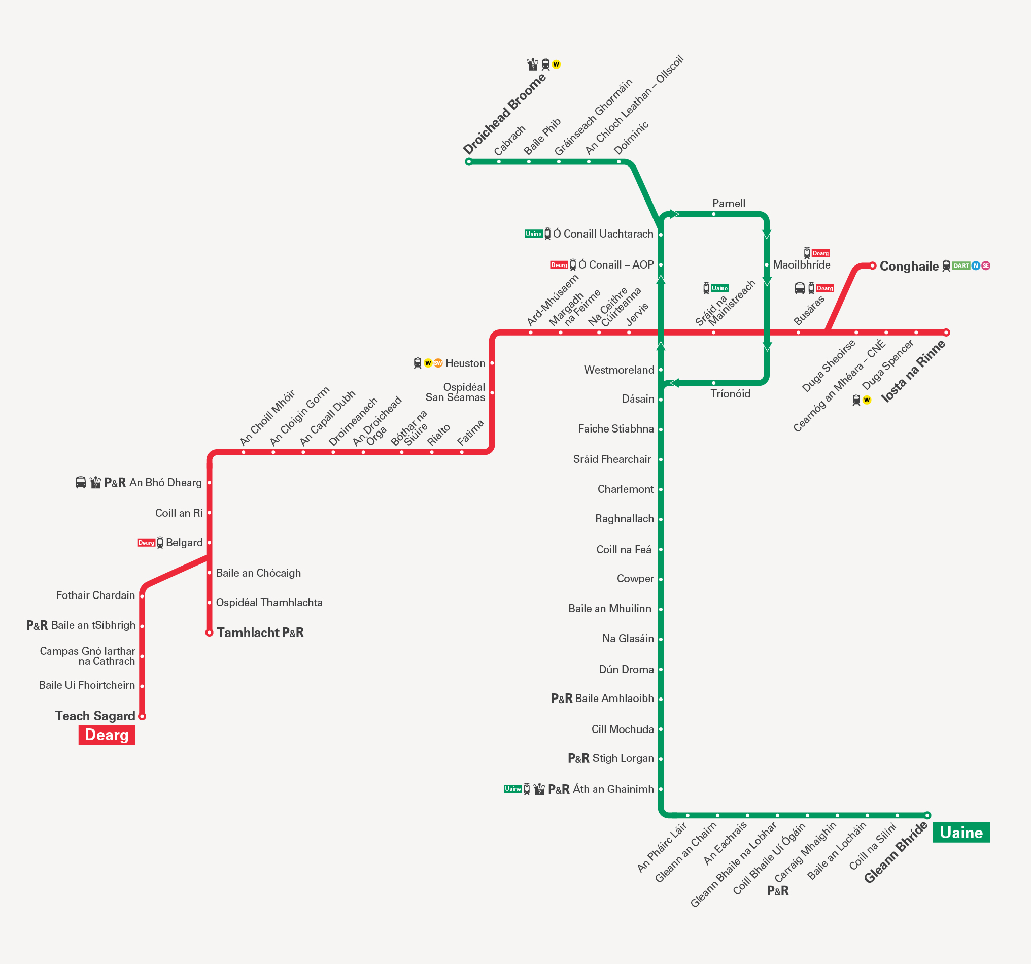 Léarscáil scéimeach de líonra Luas i mBaile Átha Cliath