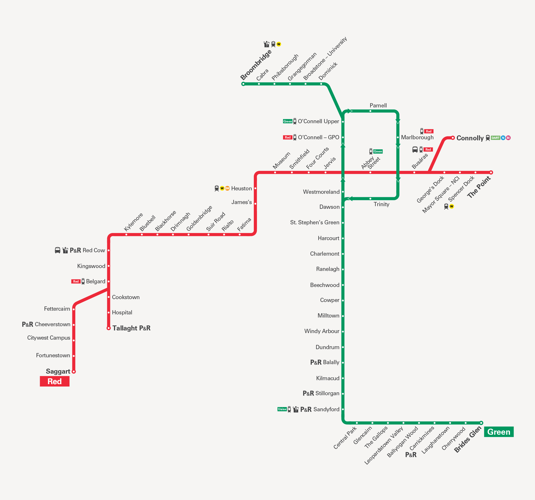 Schematic diagram of the Luas light rail network in Dublin.