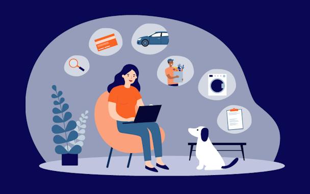 Woman on laptop next to dog illustration