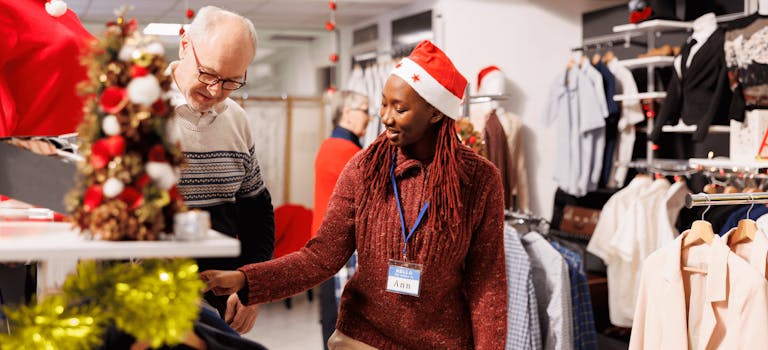 Seasonal sales assistant helping a man choose what to purchase