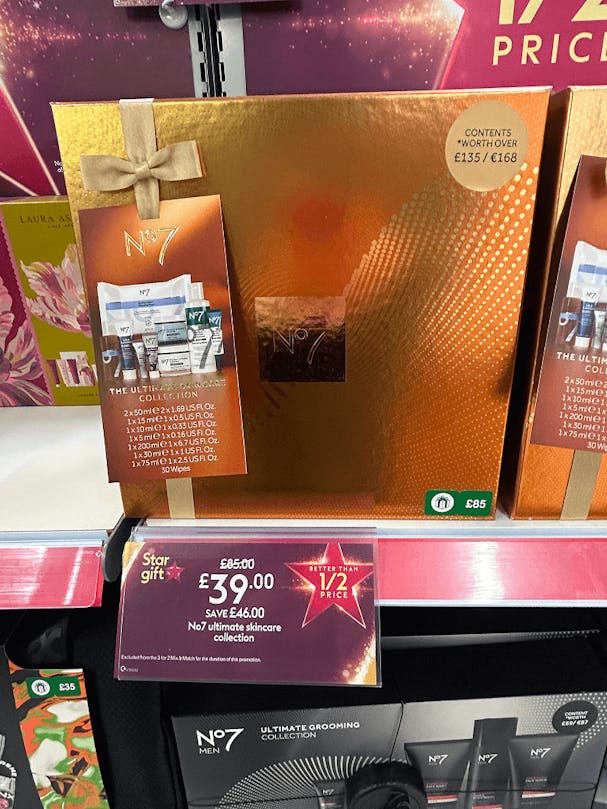 Shows Boots' Star Gift of the week - a No7 ultimate cosmetics gift box as well as its price - was £85 now £39