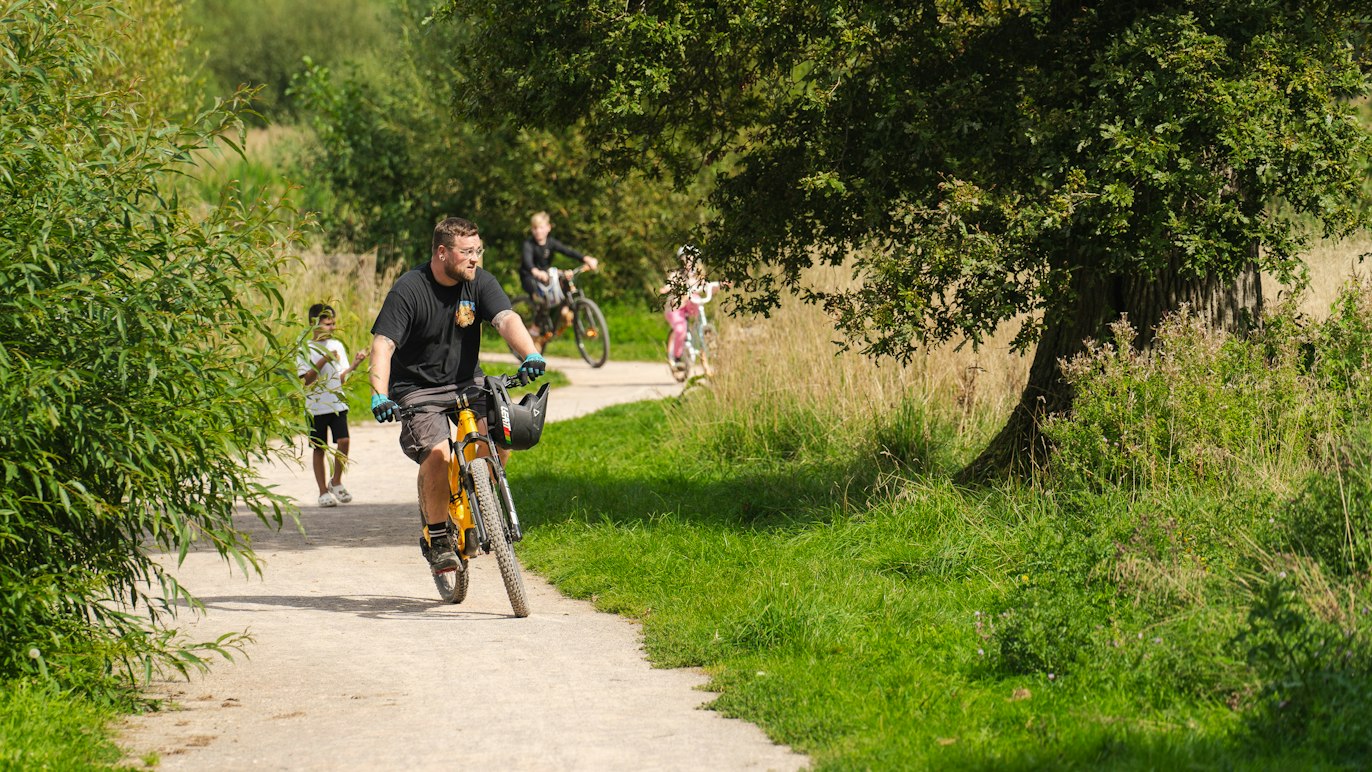 A family cycling and walking along a tree-lined path beside long grass