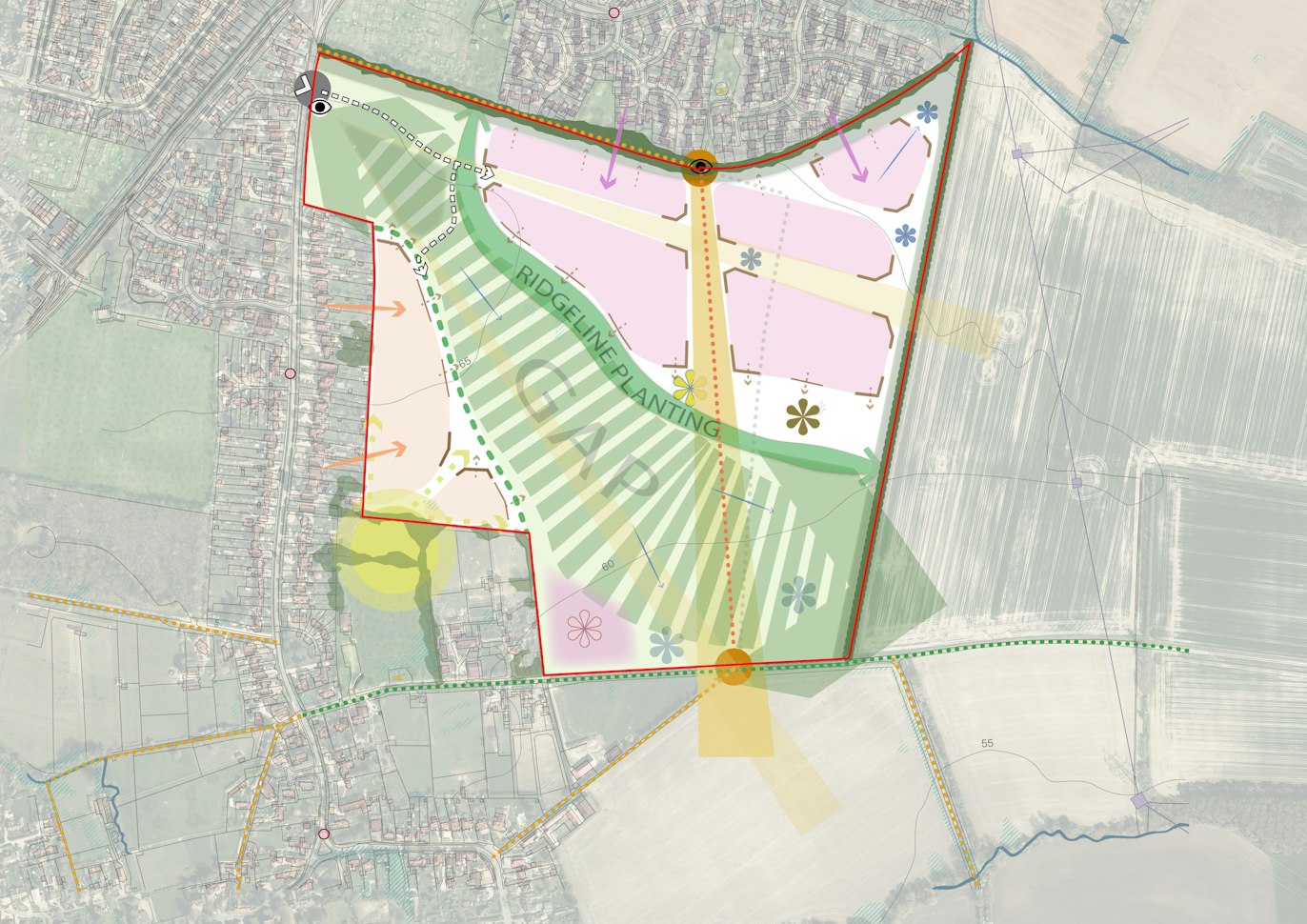 A layout plan shaped by the central landscape space, showing The Meads separating two development areas