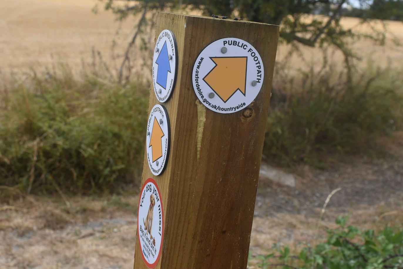 A wooden waymarker post carrying Oxfordshire County Council public footpath and bridleway markers, beside a field edge
