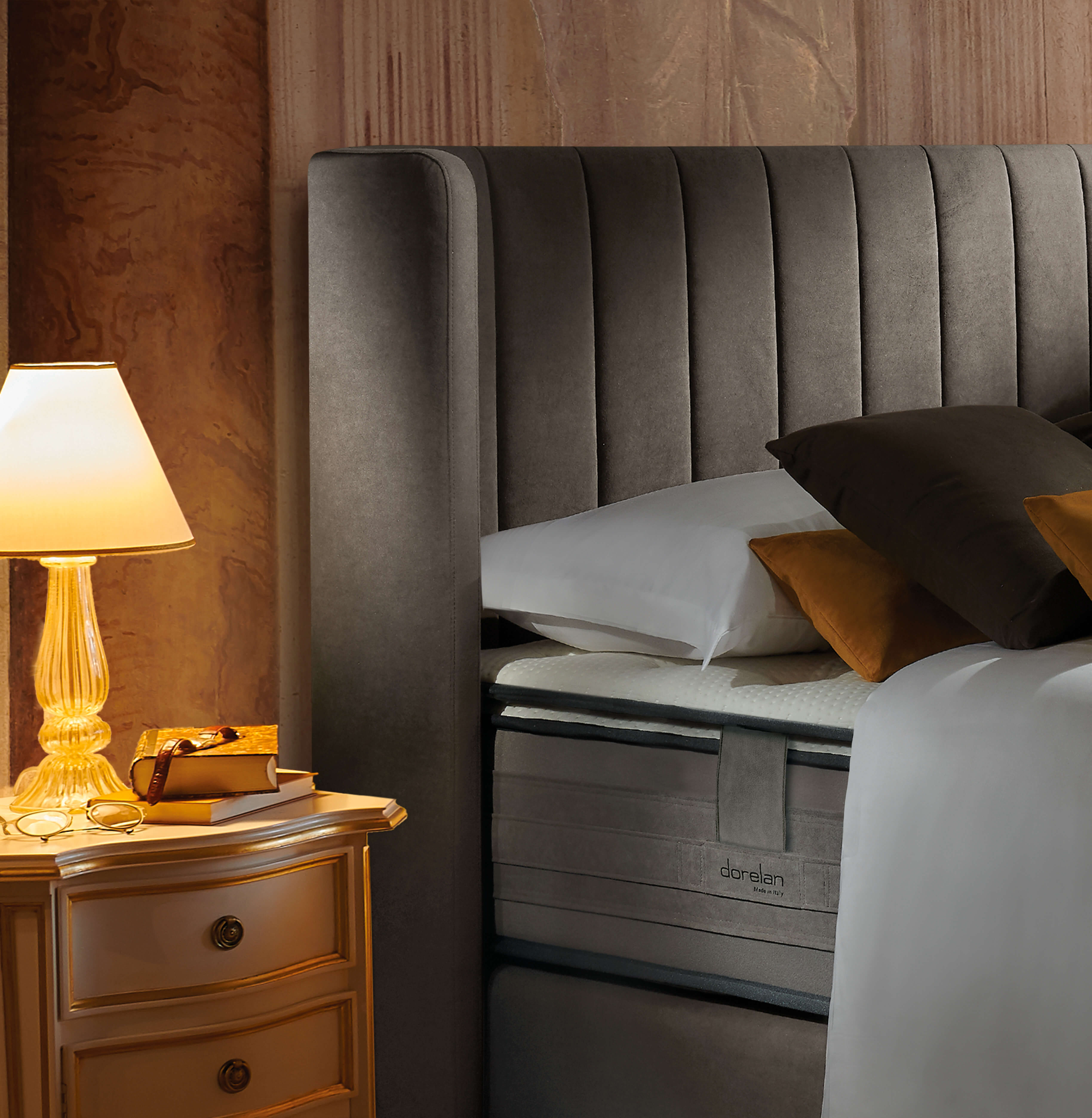 Dorelan mattress in a bedroom with upholstered headboard