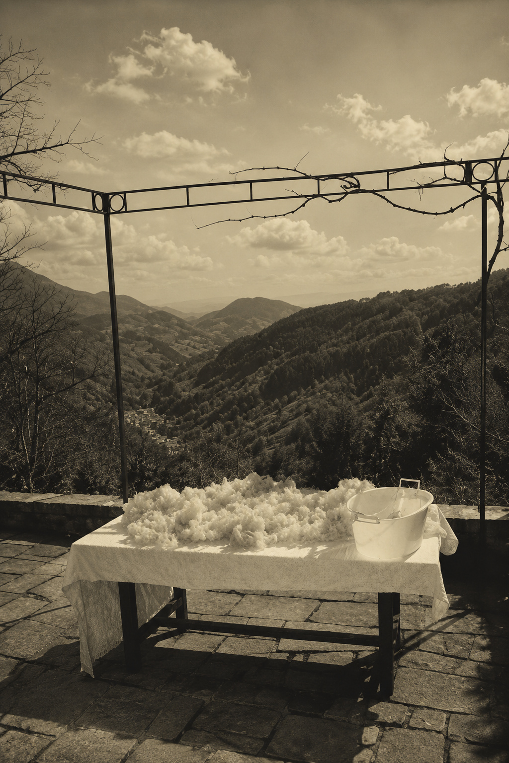 Mountain landscape and fibre processing in a historical photograph