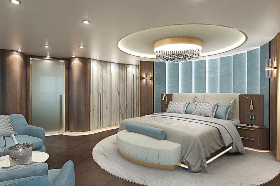 Cruise ship cabin with double bed