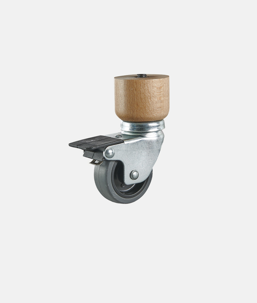 Cylindrical wooden foot with swivel castor