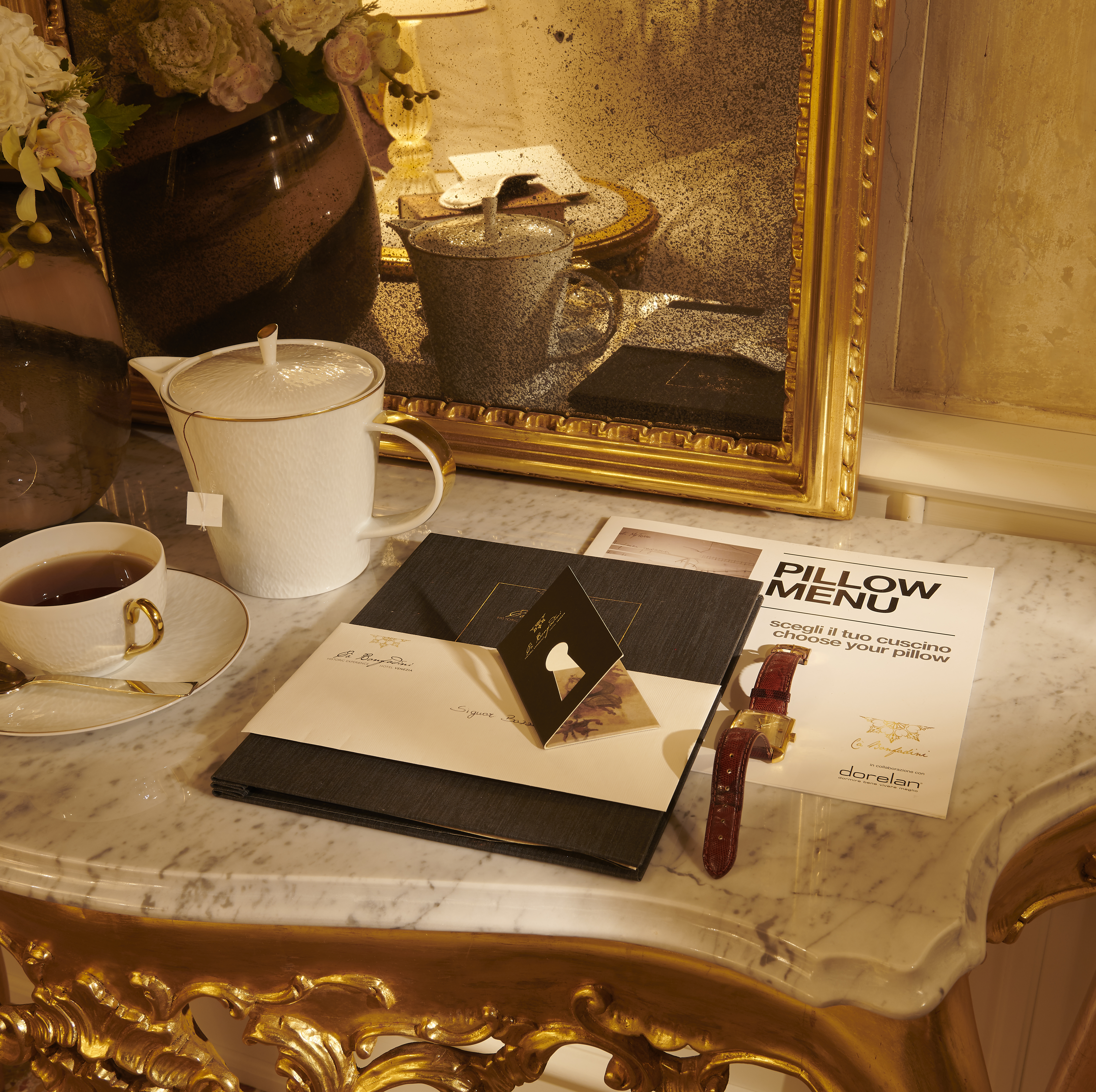 Dorelan pillow menu on a hotel room cabinet