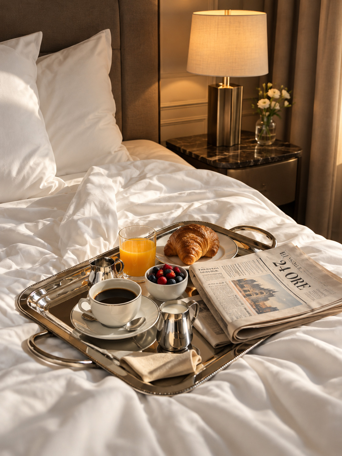 Breakfast tray with coffee, croissant and newspaper on a hotel bed