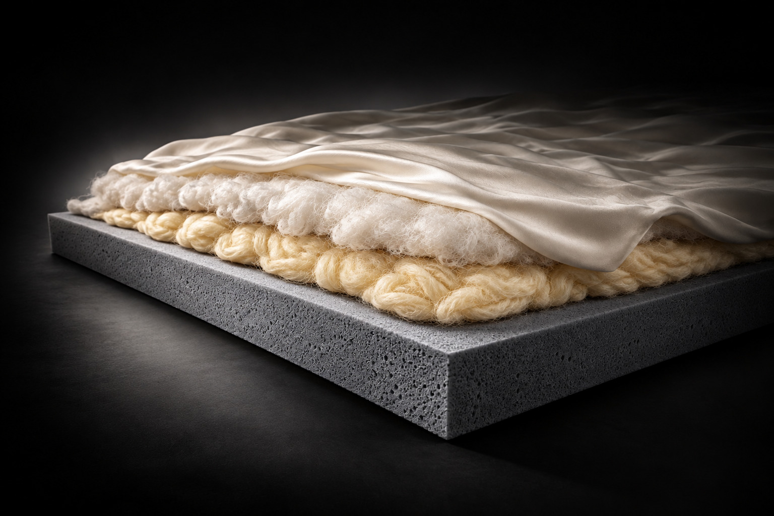 Couches de confort superposées : mousse, laine, rembourrage et tissu en soie