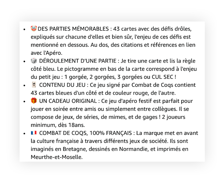 Les bullet points de la marque Combatdecoq sur Amazon.fr