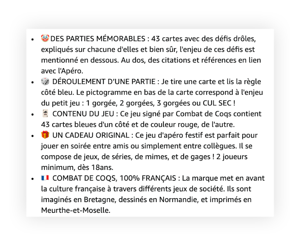 Les bullet points de la marque Combatdecoq sur Amazon.fr