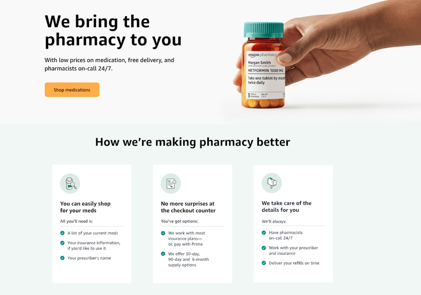 capture d'écran d'Amazon pharmacy où l'on peut lire "We bring the pharmacy to you"