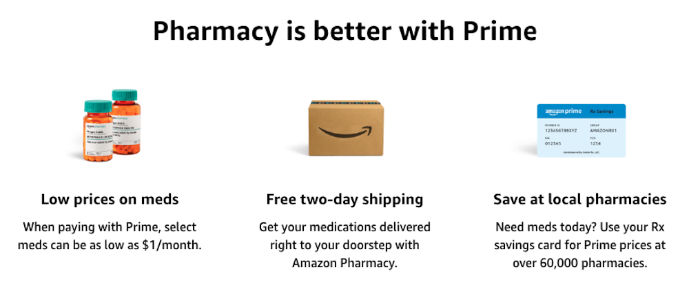 capture d'écran d'Amazon Pharmacy où l'on peut lire "Pharmacy is better with Prime"