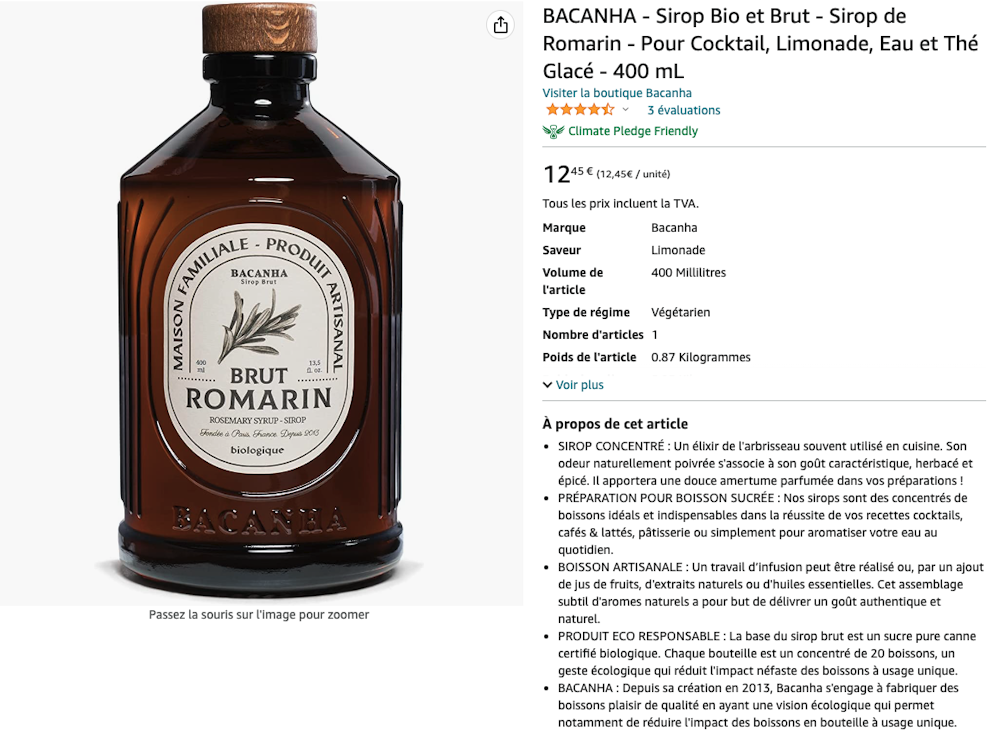 Fiche produit Bacanha Sirop de Romarin