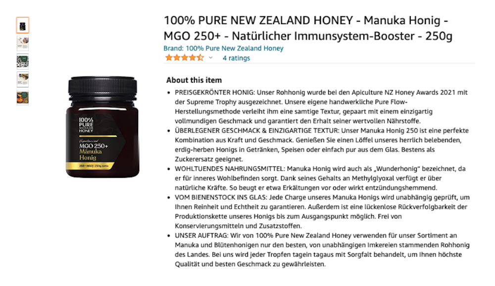 fiche produit amazon miel de manuka