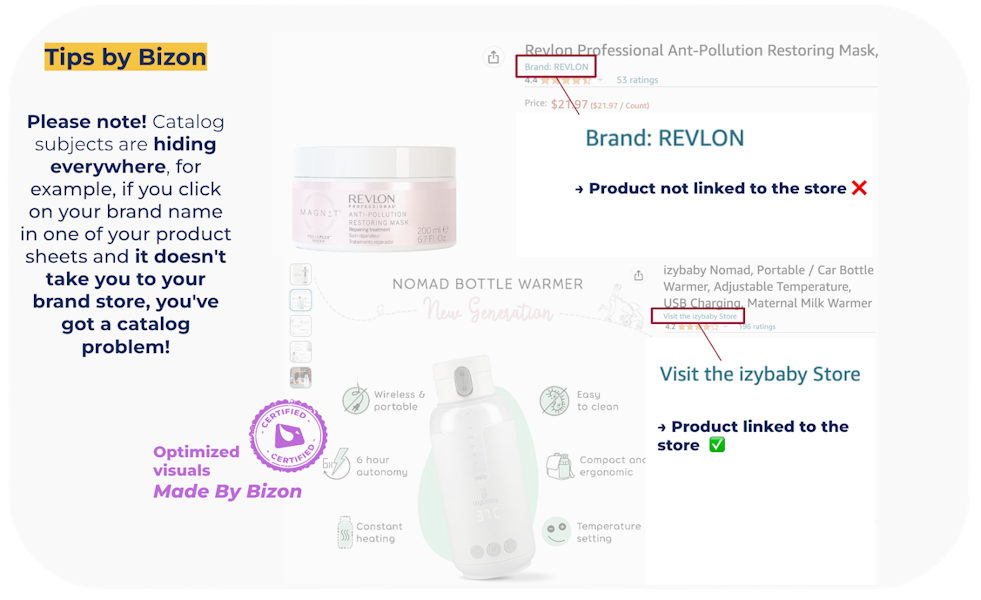 comparaison of two product sheets, one is linked to the store, one is not
