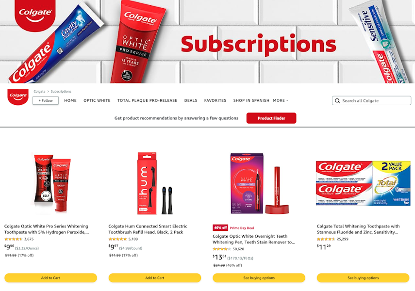 screenshot of the Colgate brand store Subscription page