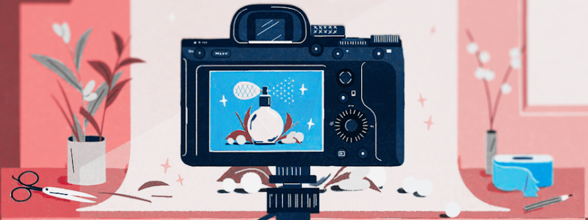 illustration of a camera taking a picture of a perfume