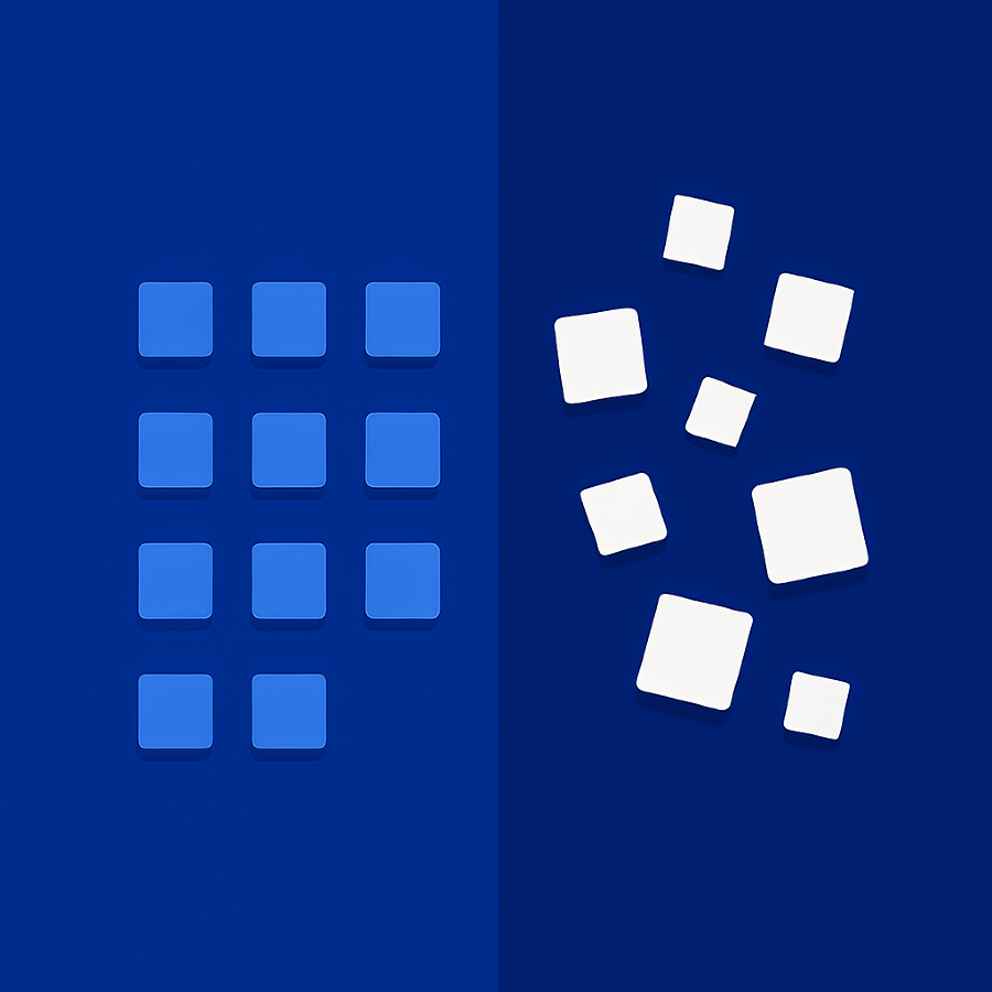 Illustration of visual regression testing where a structured baseline layout is compared with a version where interface elements have shifted or changed.
